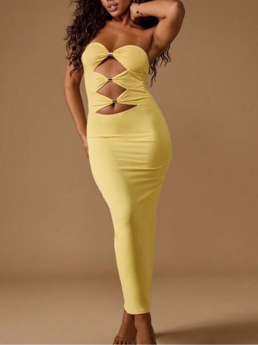 Missguided Strapless Yellow Cutout Bodycon Midi Dress